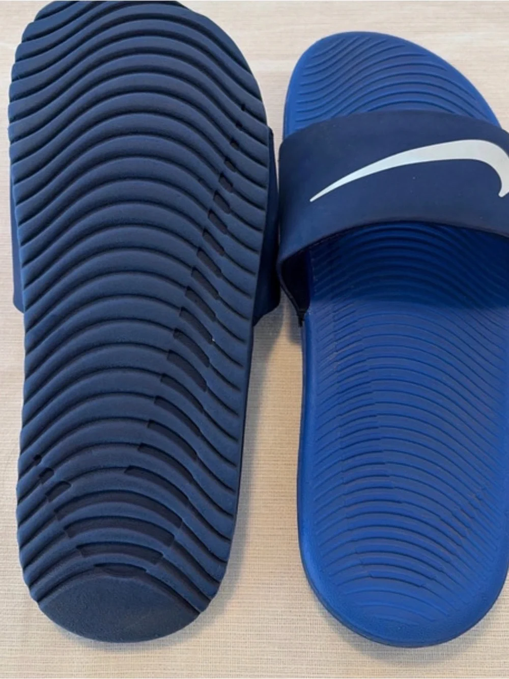 Nike Kids Blue Footbed Black Strap Slides with White Swoosh